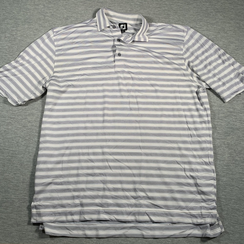 FootJoy Polo Shirt Mens‎ 2XL Gray White Blue Striped Golf Performance Stretch